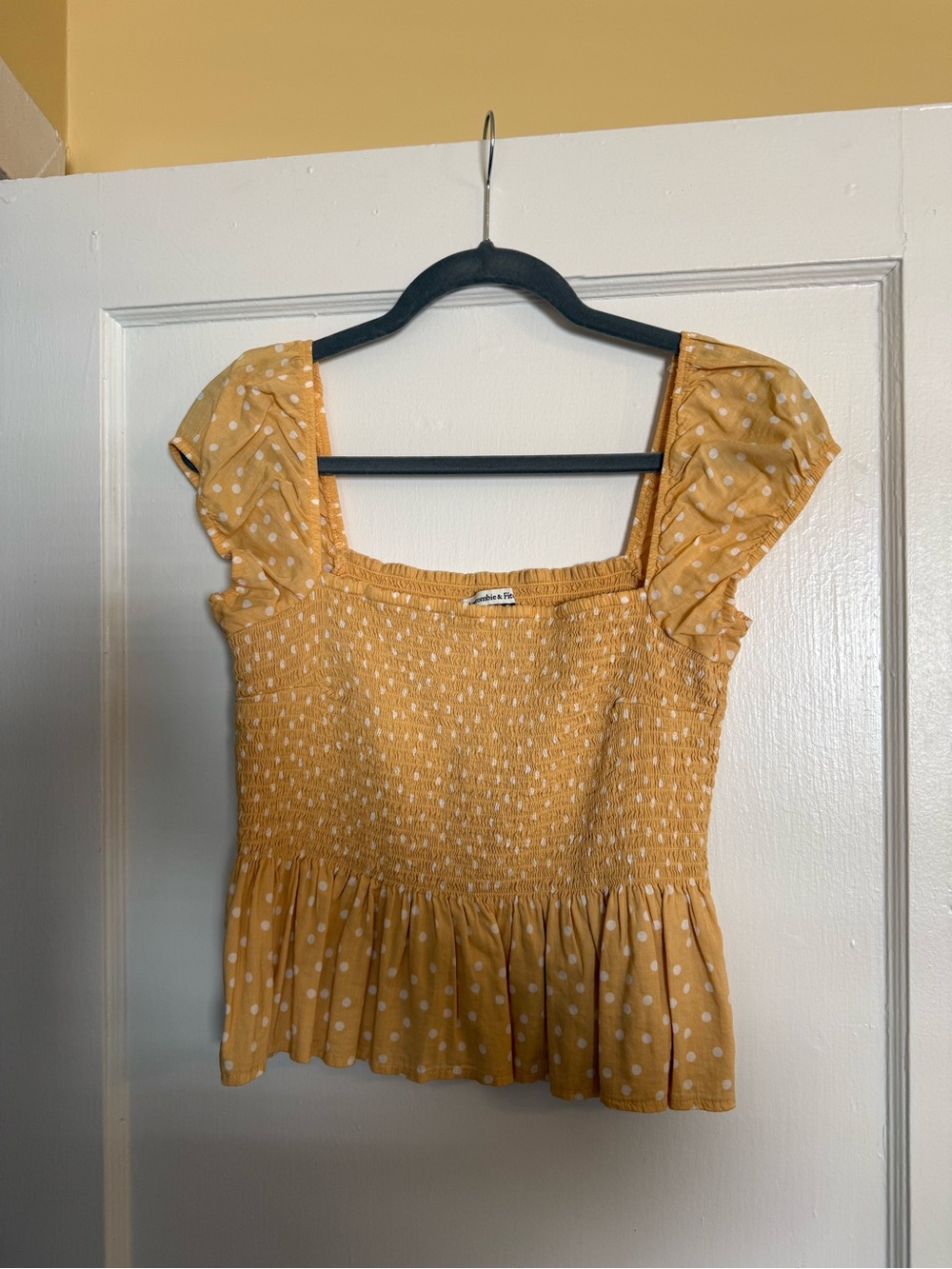 Abercrombie & Fitch Mustard Yellow Polka Dot Smocked Crop Top